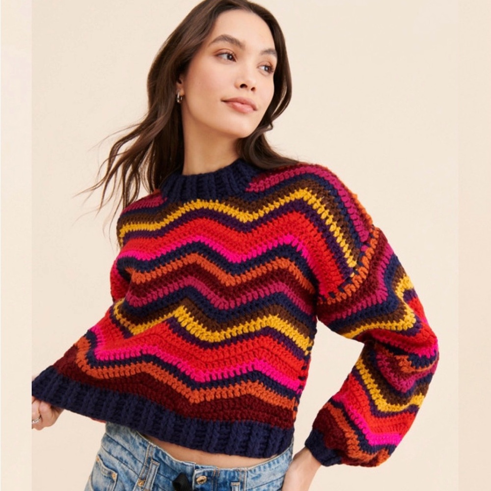 Farm Rio Waves Crochet Hand Knit Sweater